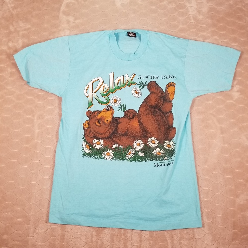 VTG Glacier Park Montana Bear Shirt Large Light Blue Short Sleeve Screen Stars